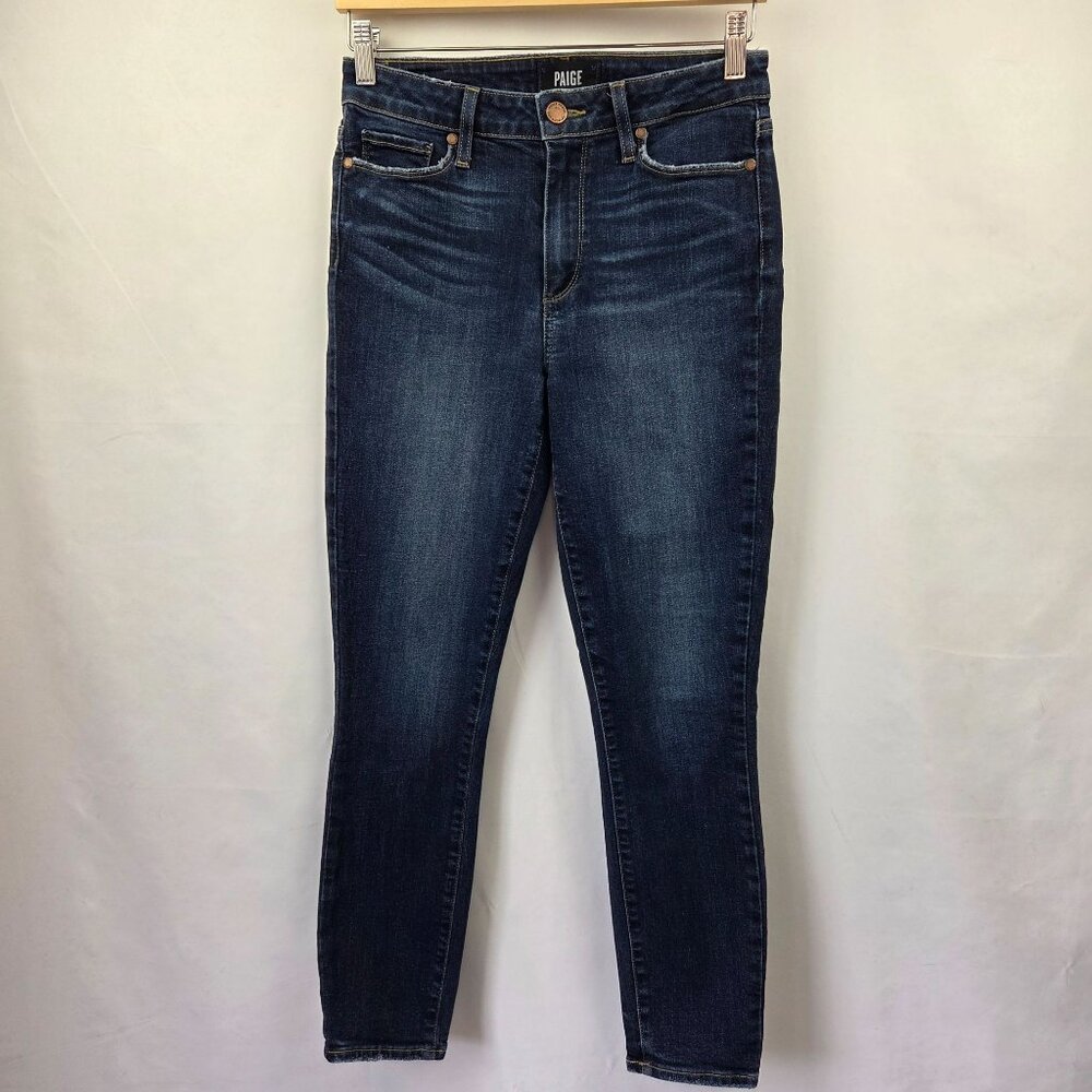 Paige Hoxton Crop Henley Distressed Dark Wash Skinny Jeans Size 28